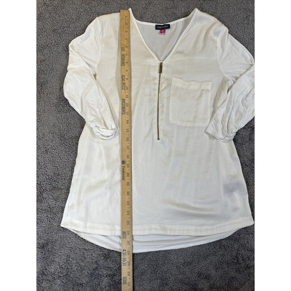 Vince Camuto White Blouse Zipper & Pocket Size M Long Roll Sleeve - Picture 4 of 9
